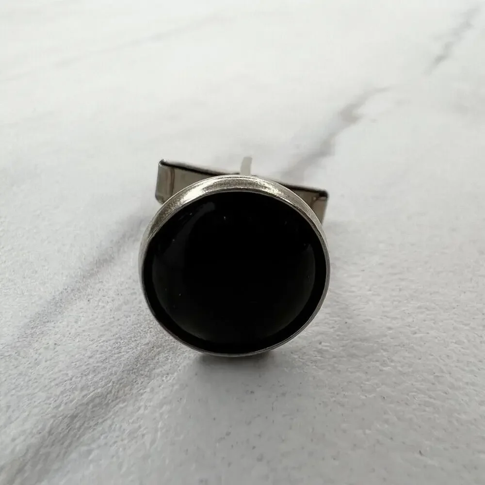 Vintage Silver Tone and Black Round Single Cufflink